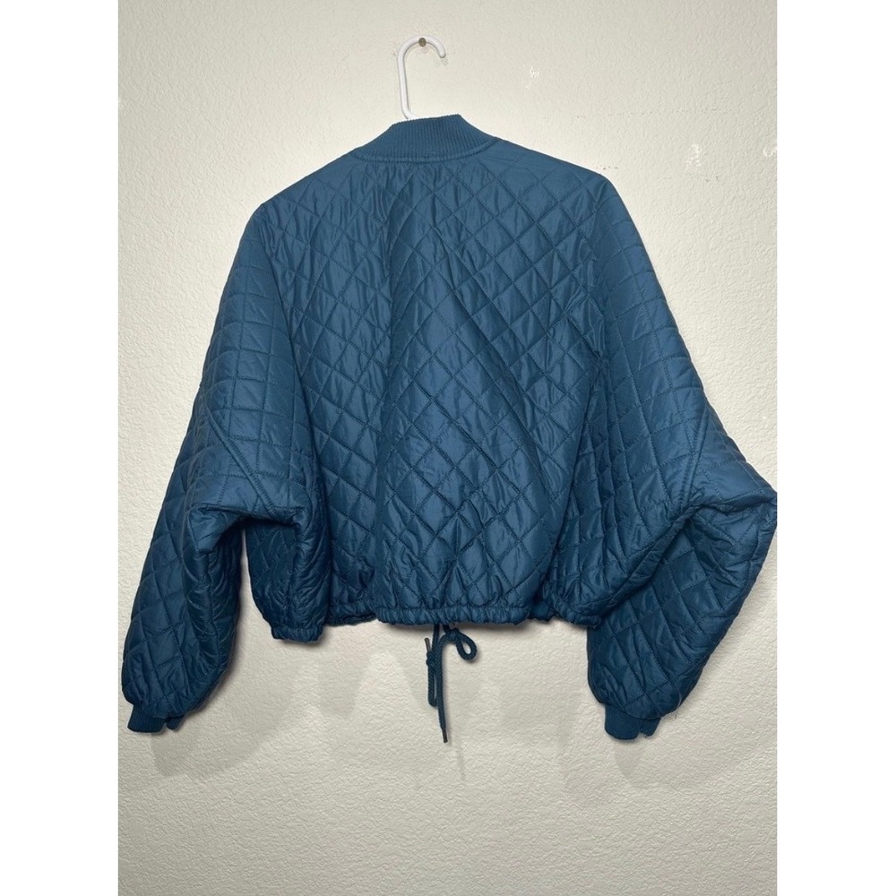 Free People Quilted Bomber Jacket Teal Blue Zip Up Cropped Drawstring XS - Picture 2 of 9